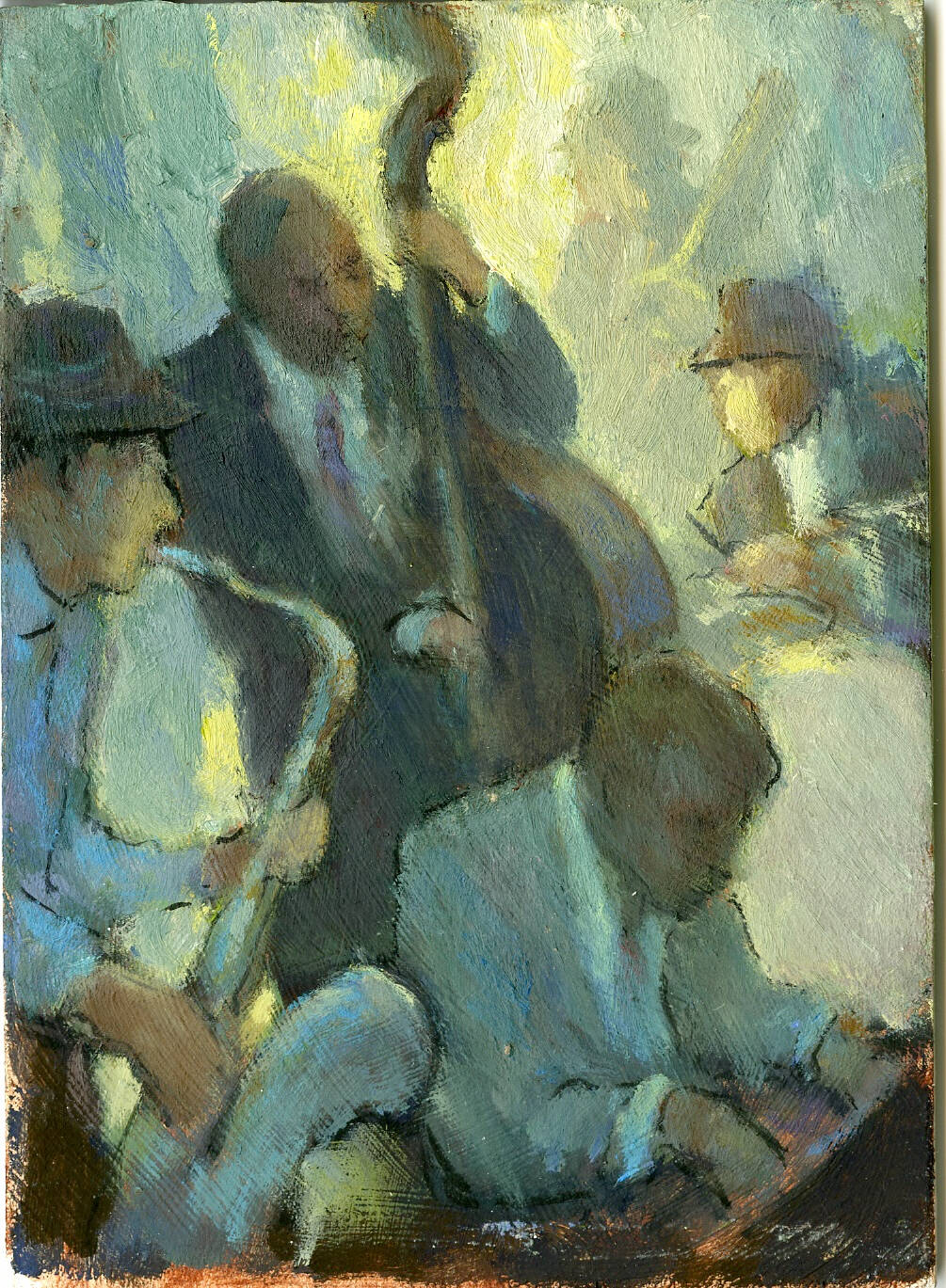 A portrait oriented image of five men playing instruments, with a keyboard player in front, saxophone player, cello player, drum player, and second cello player behind.